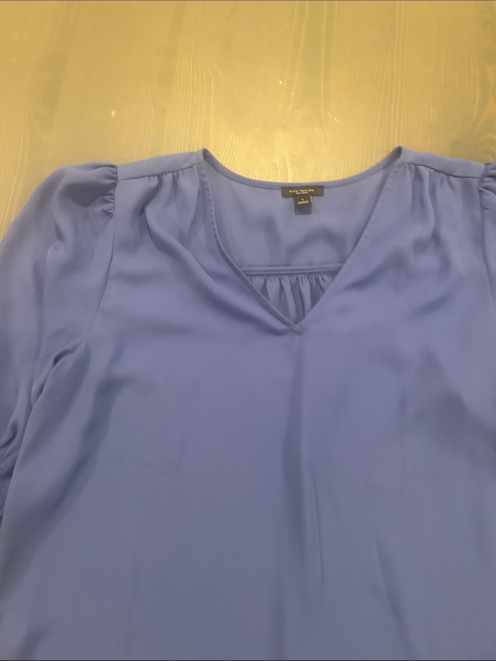 Ann Taylor Soft Blue V-Neck Puff Sleeve Blouse